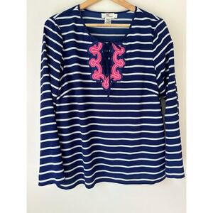 Vineyard Vines Embroidered Tunic Blouse Sz L Navy Stripe Resort Cruise Coastal